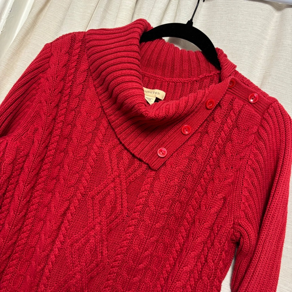 Covington Womens Red Cable Knit Cotton Sweater Asymmetrical Button Cowl Neck XL